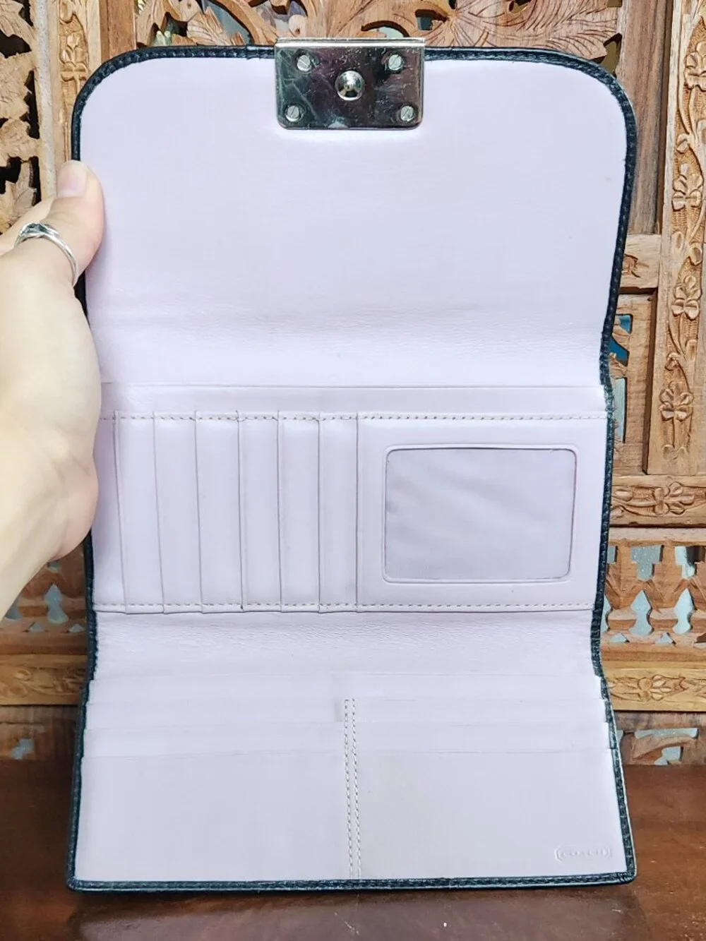 Coach Black Tri-Fold Wallet with Lavender Interior